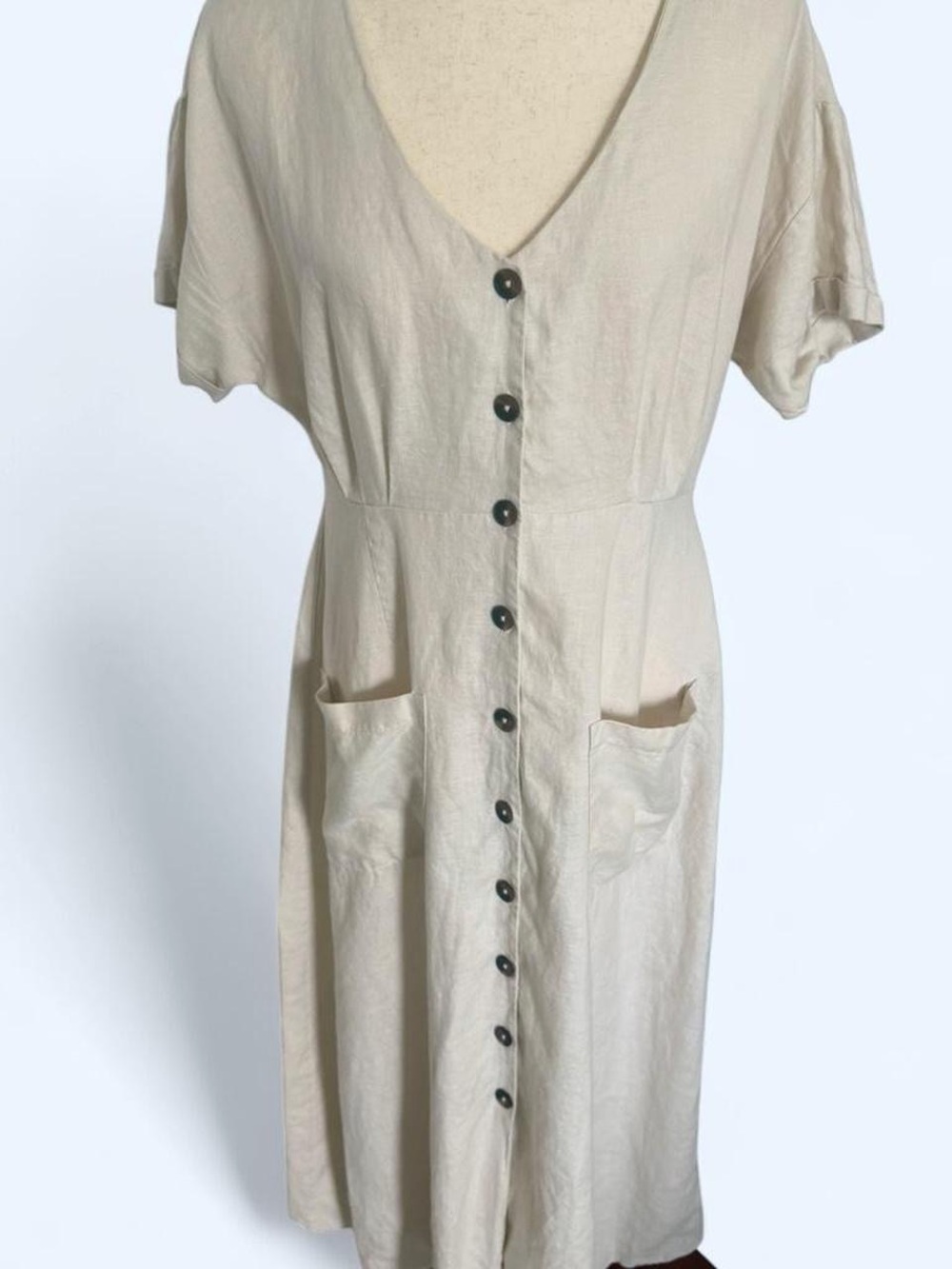 Rachel Zoe 100% Linen Maxi Shirtdress Boho Cottagecore Prairie Beige Medium